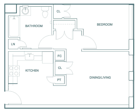 Floor plan for 1 bed, 1 bath, 650 sqft
